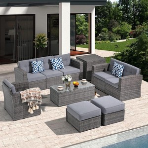 SUGOLD Super Patio 10 Piece Patio Furniture Set, PE Wicker Outdoor Conversation Furniture Set with Ottomans, Storage Box, Coffee Table, Cushions, - 1 of 1