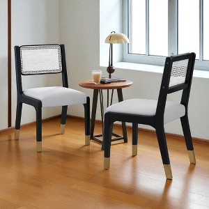 Set of 2 Farmhouse Wood Dining Chairs with Rattan Backrest and Padded Linen Seat, Rustic Accent Side Chairs for Dining Room or Kitchen - 1 of 4