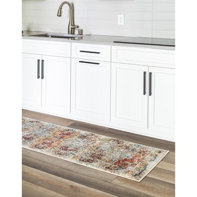Ivory Floral Synthetic Runner Rug with Easy Care and Stain-resistant Features