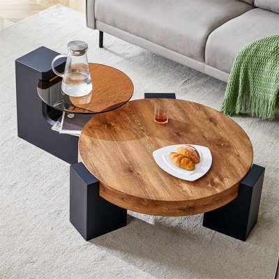 Modern Coffee Tables Set of 2, Coffee Table with Detachable Nightstand, Accent Center Table with Glass Top Side Table for Bedroom Office