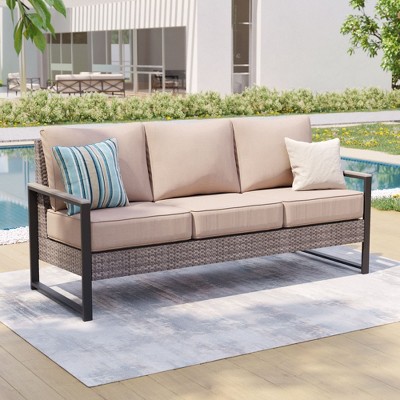 Sonkuki Outdoor Wicker Patio 3-Seat Sofa, PE Rattan Conversation Set With All-Weather Cushions