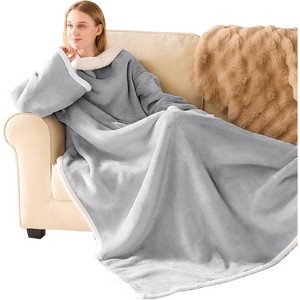 FAAYFIAN Faux Shearlin Wearable Blanket with Sleeves, Full Body TV Wrap Hoodie Blanket with Pocket, One Size for Women & Men, Grey - 1 of 4