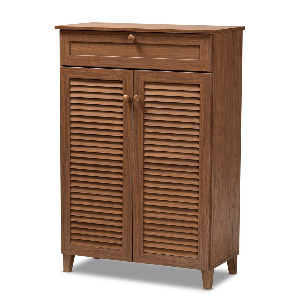 Baxton Studio Shelf Wood Shoe Storage Cabinet with Drawer Coolidge Brown: Freestanding MDF, Holds 15 Pairs