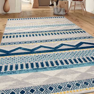 Boho Blue Geometric Tufted Synthetic Area Rug