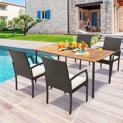 Natural Acacia Wood and Black Metal Outdoor Dining Table with Umbrella Hole