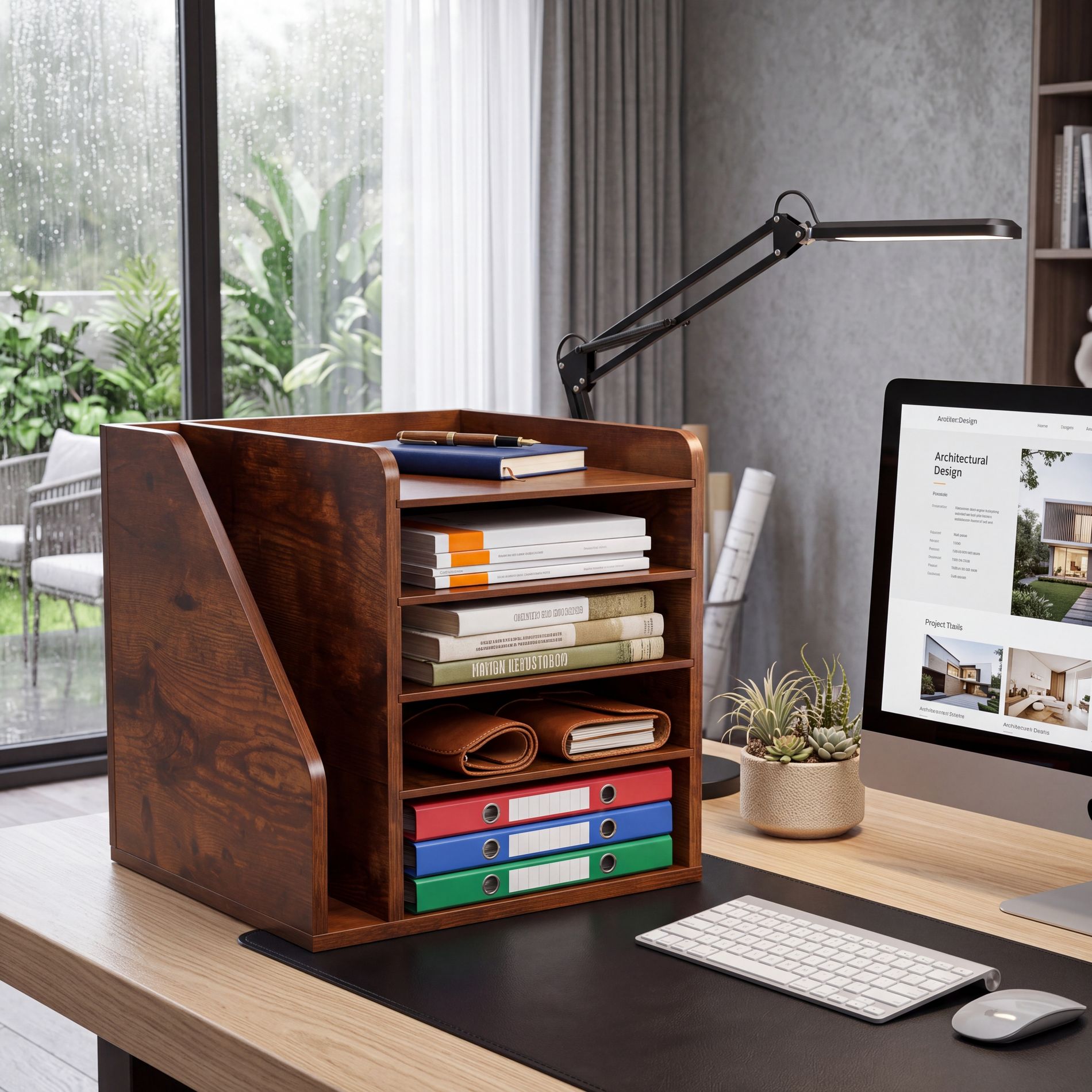 5-Tier Wooden Desktop File Organizer, Brown Paper Magazine Storage Rack with Side File Holder & 4 Shelves, MDF Board Desk Sorter for Office