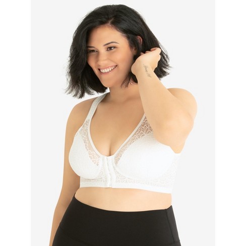 Leading Lady The Lora - Back Smoothing Lace Front-Closure Bra in White,  Size: 48B