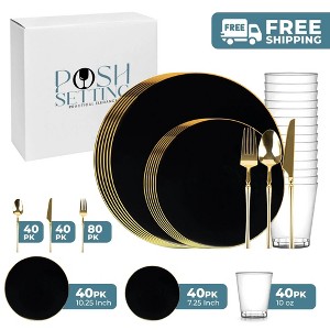 Posh Setting 280 Piece Black And Gold Plastic Party Bundle - Organic (40 Settings) - 1 of 4
