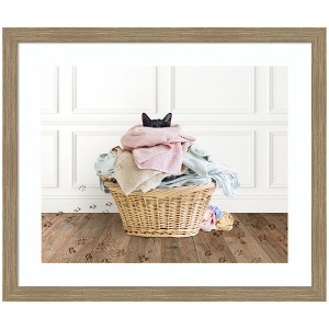 Kate and Laurel Framed Art Cat in a Basket Traditional Laundry by Amy Peterson, 26x22, Woodgrain Stripe Mocha - 1 of 4