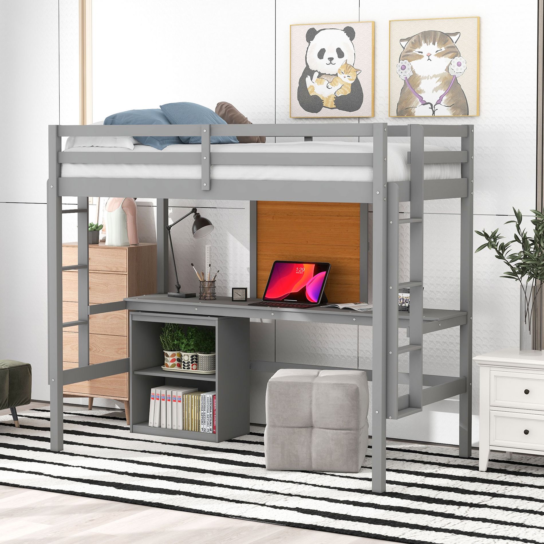 Twin Size Wooden Loft Bed with Desk, Writing Board and 2 Drawers Cabinet, Gray - ModernLuxe