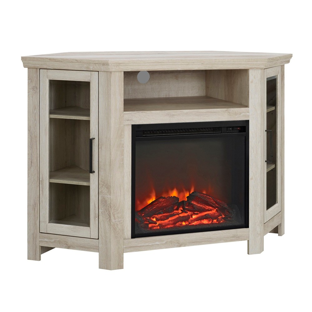 Glass Door Electric Fireplace Corner TV Stand for TVs up to 50" White Oak - Saracina Home: Entertainment Center Heater
