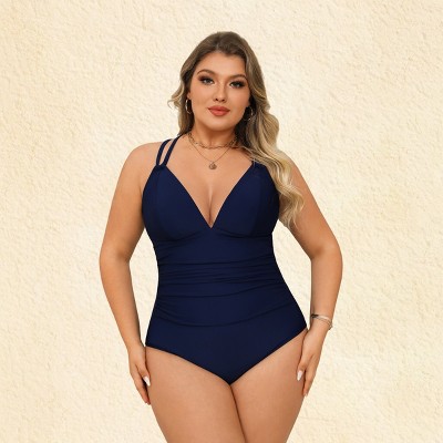Women's Plus Size Chic Two-Tone Plus Size Swimsuit with Criss-Cross Back - Cupshe