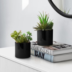 SEVOBAL Planters Set of 2 Artificial Succulent Plants 7" Tall in Glossy Black Pots for Modern Table Decor, Green, 5.5"*4.5"*7" - 1 of 4