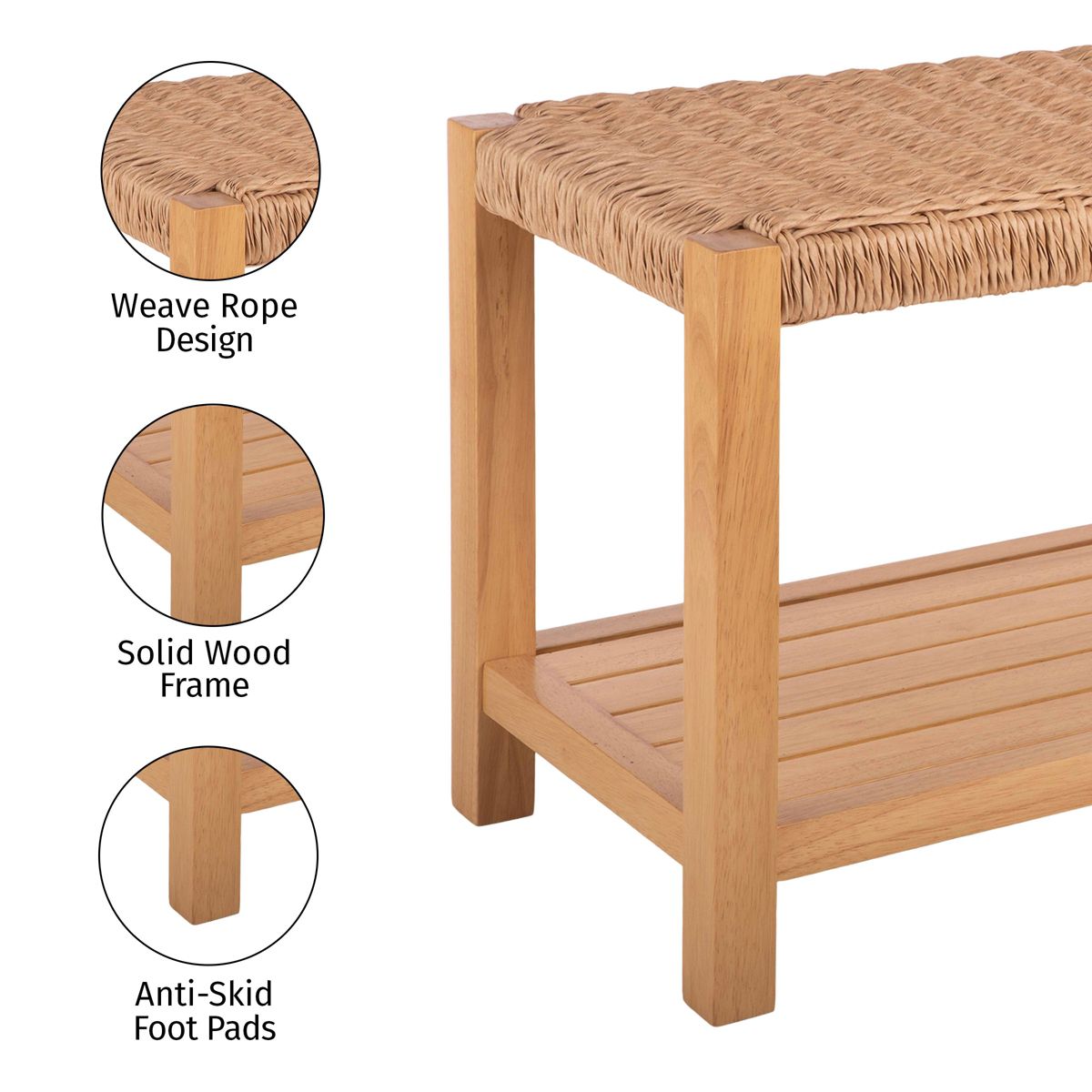 Alaterre Furniture Bench with Handcrafted Woven Rope Seat - Newport 40 in. Wood Bench with Storage Shelf for Entryway or Bedroom - thumbnail 2