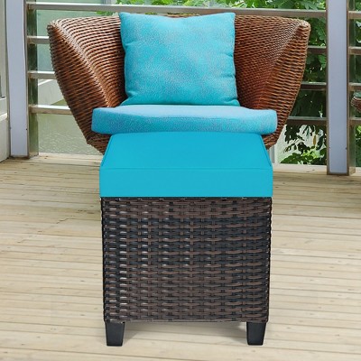 Turquoise Cushioned Rattan Patio Ottoman Set with Steel Frame
