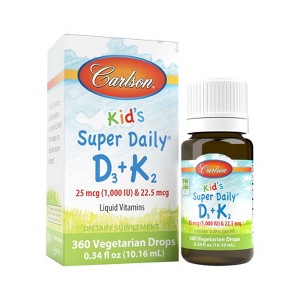 Carlson - Kid's Super Daily D3+K2, 25 mcg (1000 IU) & 22.5 mcg, Liquid Vitamins D & K, Vegetarian, Unflavored - 1 of 4