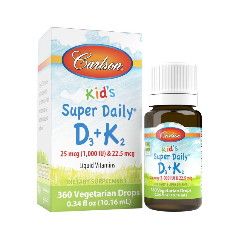 Carlson - Kid's Super Daily D3+K2, 25 mcg (1000 IU) & 22.5 mcg, Liquid Vitamins D & K, Vegetarian, Unflavored, 1 of 6