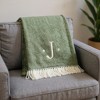 HomeRoots 55" X 70" Moss Green And White Herringbone Cotton Blend J Throw Blanket with Tassels And Embroidery - 2 of 3