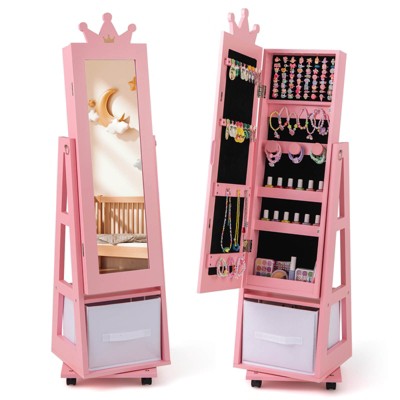 Infans Kids Jewelry Cabinet w/ Full-Length Mirror Foldable Drawer Anti-toppling System