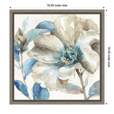 Indigo and Gold Floral Watercolor Canvas Print with Gray Frame