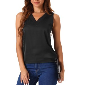 cheibear Women's V Neck Silky Satin Mesh Sleeveless Summer Basic Tank - 1 of 4