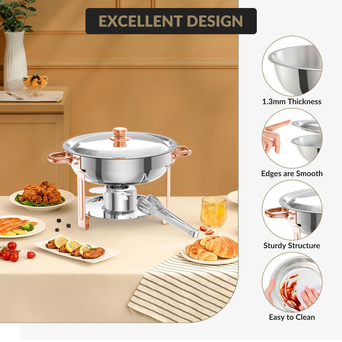 6-Pack 5QT Round Stainless Steel Chafing Dishes Set with Lid Holder & Cover - Buffet Warmers for Parties/Festivals/Weddings - thumbnail 4