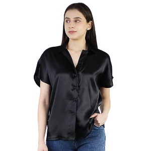 Artyska Women's Satin Button Down Shirt Short Sleeve Office Work Blouses Tops - 1 of 4