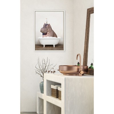 Whimsical Hippo and Bird in Bath Canvas Print