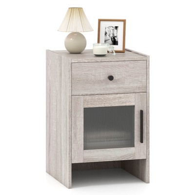 Costway 1/2 PCS Farmhouse Nightstand Fluted Bed Side Table with Large Drawer & Enclosed Cabinet