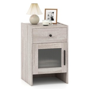 Costway 1/2 PCS Farmhouse Nightstand Fluted Bed Side Table with Large Drawer & Enclosed Cabinet - 1 of 4