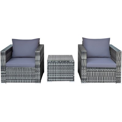 Tangkula 3PCS Rattan Patio Conversation Set Outdoor Furniture Set w/ Table Cushion
