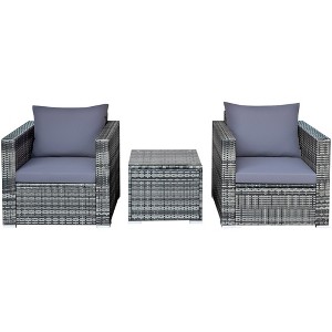 Tangkula 3PCS Rattan Patio Conversation Set Outdoor Furniture Set w/ Table Cushion - 1 of 4