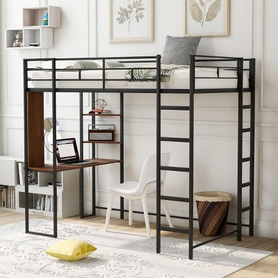 Streamdale Twin Metal Loft Bed with 2 Shelves and one Desk, BLACK