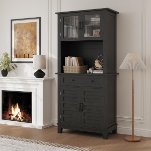 Elegant Black Modern Wood Pantry Coffee Cabinet with Ample Storage, Spacious 72" Tall Kitchen Bar Cabinet Hutch Featuring 4 Stylish Glass Doors - 1 of 4