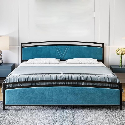 Homhougo Full Size Bed Frame, Velvet Upholstered Bed Frame, Modern Platform Bed with Arc Design Headboard and Footboard, Metal Slats Support, Blue