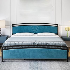 Homhougo Full Size Bed Frame, Velvet Upholstered Bed Frame, Modern Platform Bed with Arc Design Headboard and Footboard, Metal Slats Support, Blue - 1 of 4