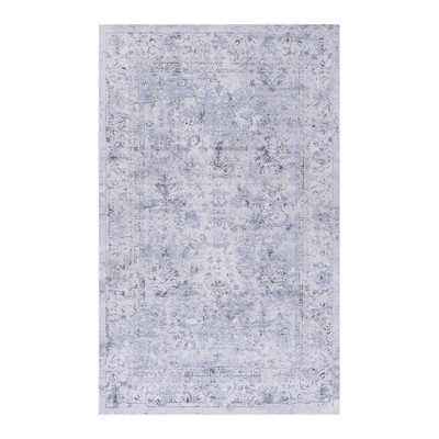 Boersma 5x8 Washable Area Rug, Soft Blue and Cream Low-Pile Rug for Living Room Bedroom, Non-Slip, Machine Washable Carpet for Home Decor