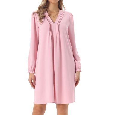 INSPIRE CHIC Women's Casual Knee Length Long Sleeve V Neck Pleated Flowy Shirt Dress Pink Small