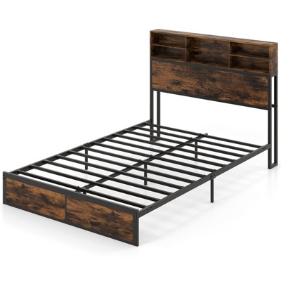 Tangkula Twin/Full/Queen/King Size Bed Frame w/ Storage Headboard, Metal Platform Bed Base with Charging Station & Under Bed Storage