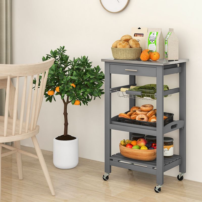 Costway Compact Kitchen Island Cart Rolling Service Trolley with Stainless Steel Top Basket, 4 of 11