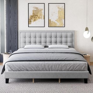 Button Tufted Upholstered Headboard Bed Frame, Sturdy Metal Foundation with Wood Slats, No Box Spring Needed, Platform Design for Bedroom. - 1 of 4