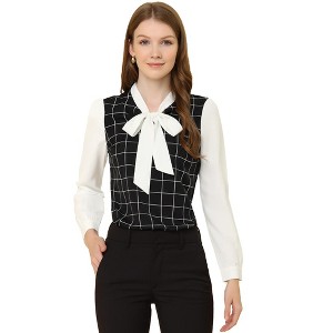 Allegra K Women's Plaid Casual Contrast Color Long Sleeve Bow Tie Neck Blouse - 1 of 4