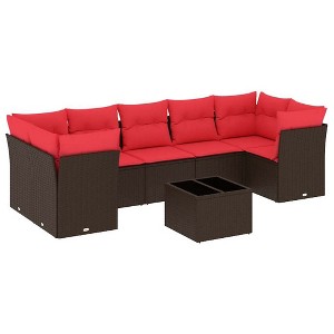 vidaXL 8 Piece Patio Sofa Set with Cushions Brown Poly Rattan - Brown 4x corner + Table + 3x middle - 1 of 4