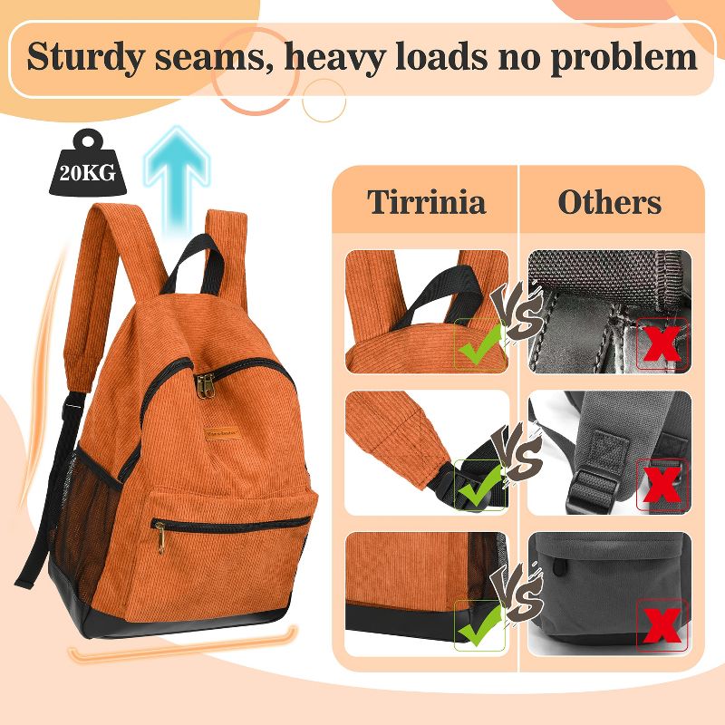 Tirrinia Corduroy School Backpack -Daily Student Class Bookpack- Large Travel Laptop Bag for Teen Girls & Boys, Orange, 4 of 8