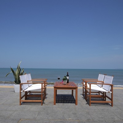 Natural Eucalyptus Wood Outdoor Dining Set with Beige Armchairs