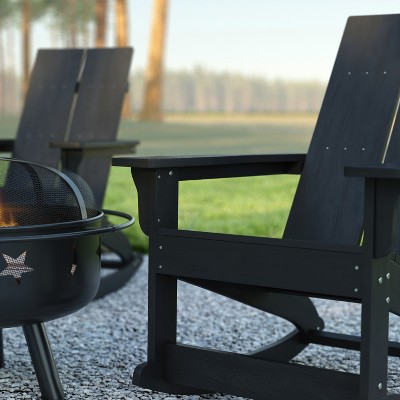 Emma + Oliver Black Poly Resin Adirondack Rocking Chair with Arms
