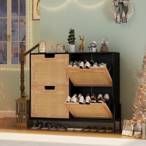 Natural Rattan Storage Cabinet with 2 Flip Drawers, Wooden Entry Way Shoe Cabinet with Storage with Adjustable Shelf and Metal Legs - 1 of 4