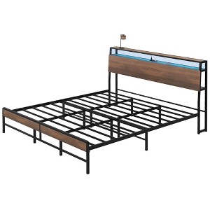 King Size Bed Frame with LED Lights and Charging Station, King Bed Frame with Storage Headboard, Noise-Free - 1 of 4