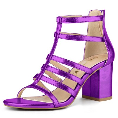 Allegra K Women's Cage Strappy Back Zipper Gladiators Chunky Heels Sandals