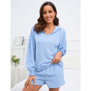 2 Piece Lounge Sets for Women V Neck Lantern Long Sleeve Hooded Top and Drawstring Shorts Sweatsuit Outfits - 1 of 4